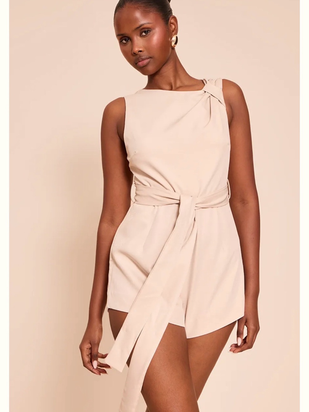 PrettyLittleThing Cream Sleeveless Tie-Waist Romper